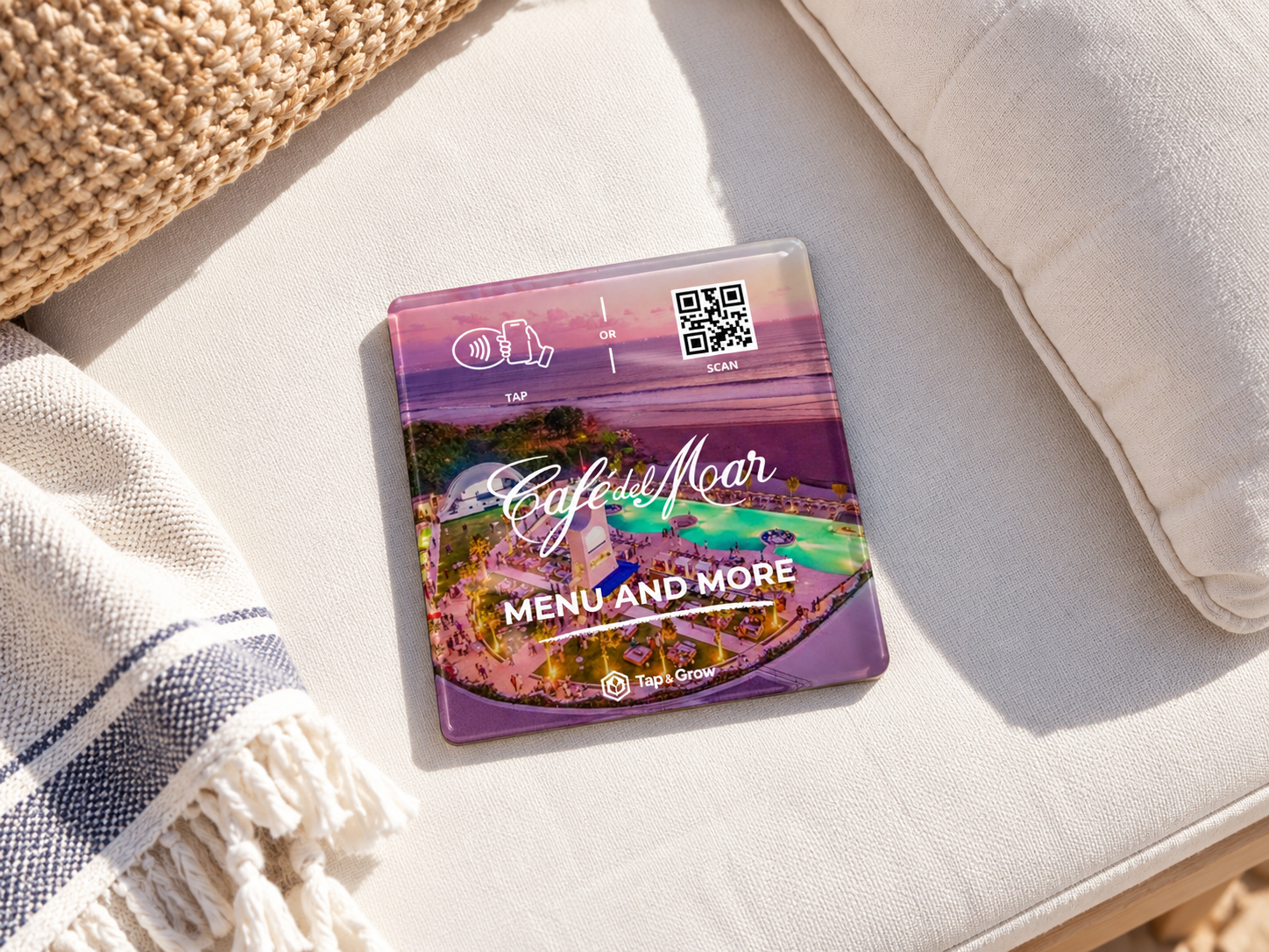 Concept visual of a Café del Mar branded NFC piece on a poolside daybed